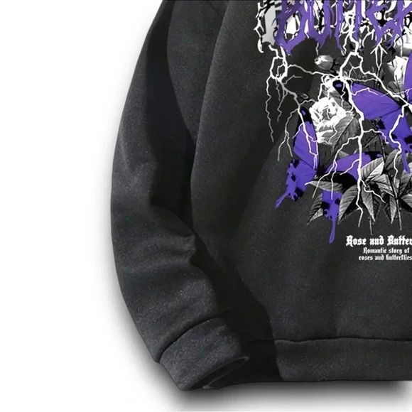 ROMWE Grunge Punk Roses & Butterfly Drawstring Hoodie with Kangaroo Pocket Sz SM - Picture 4 of 12